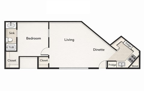 Floor plan for 1 bed, 1 bath, 500 sqft